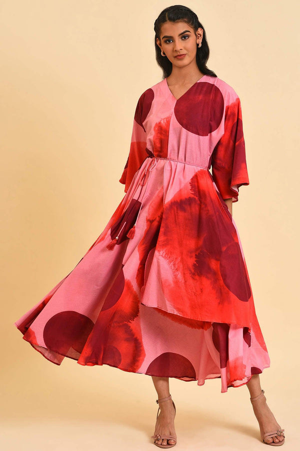 Red And Pink Polka Print Asymmetrical Dress