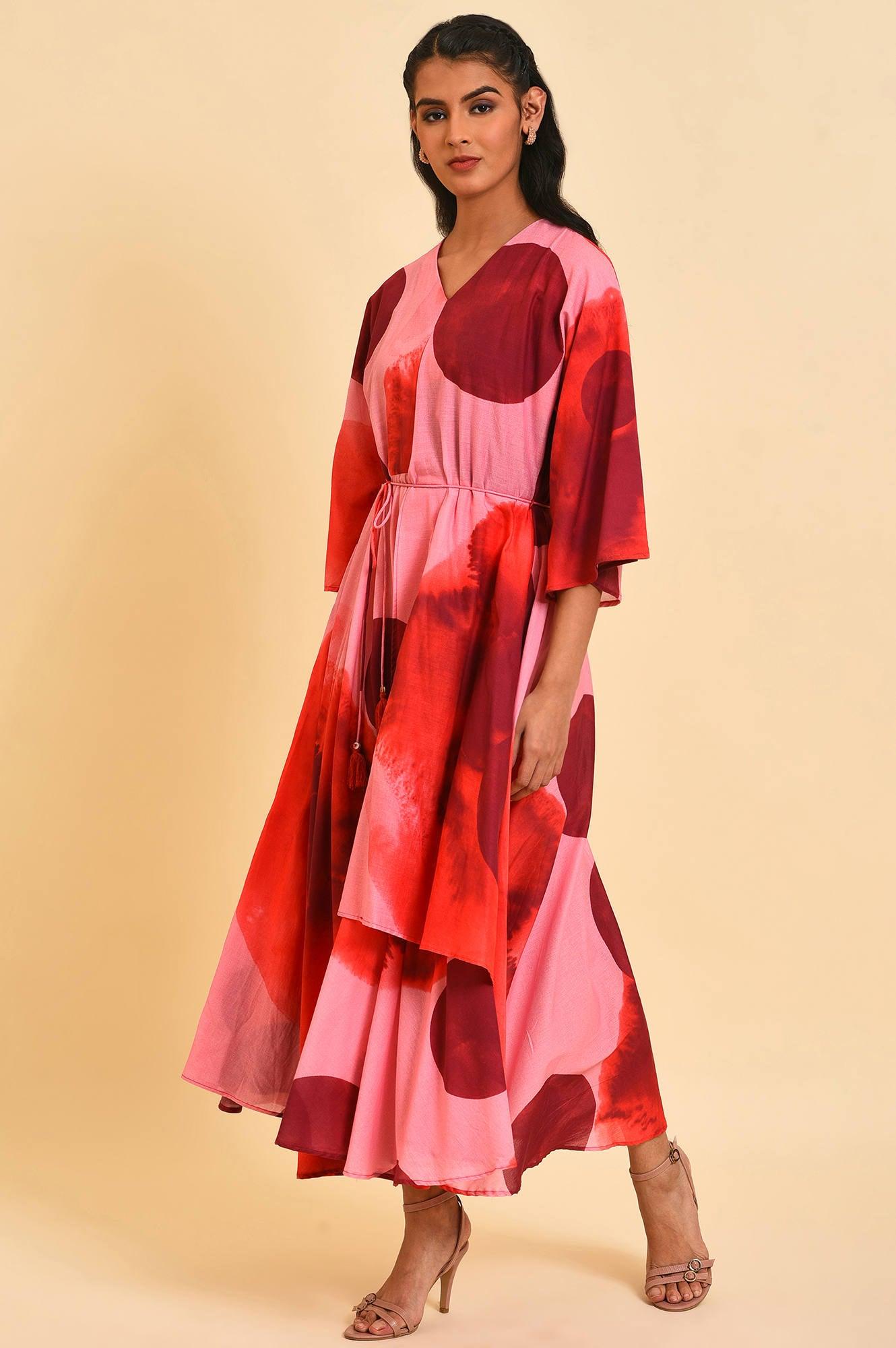 Red And Pink Polka Print Asymmetrical Dress - wforwoman