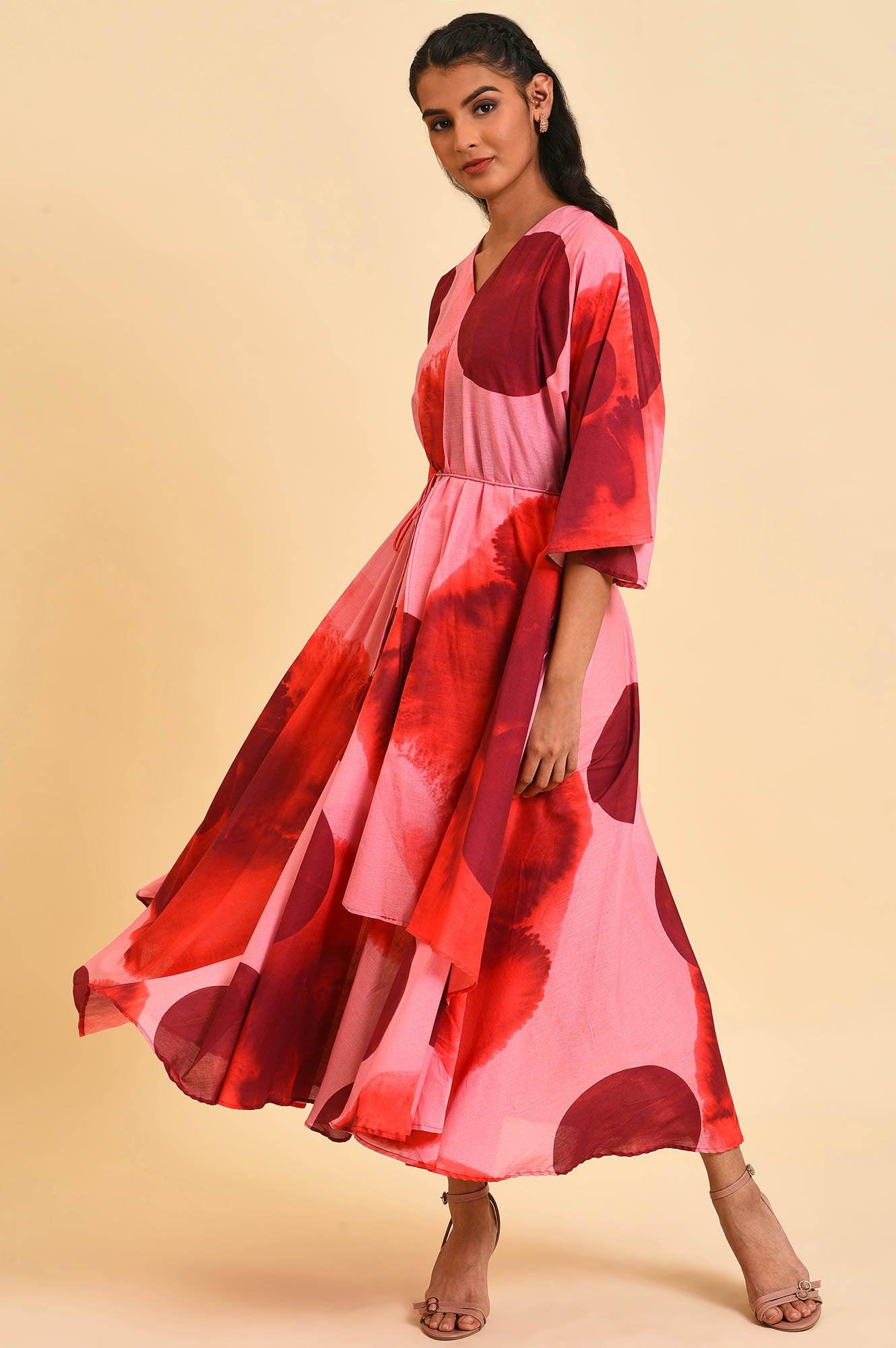 Red And Pink Polka Print Asymmetrical Dress