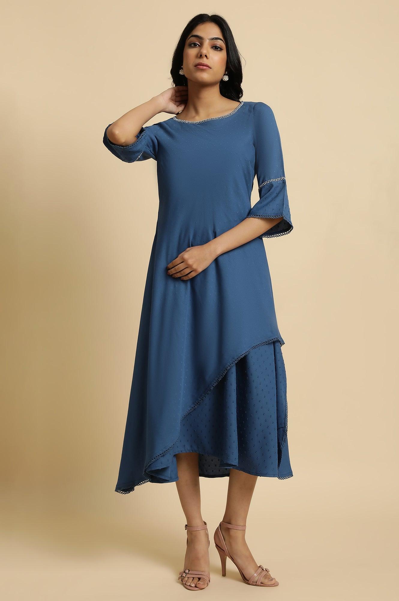 Blue Mock Layer Flared Dress - wforwoman