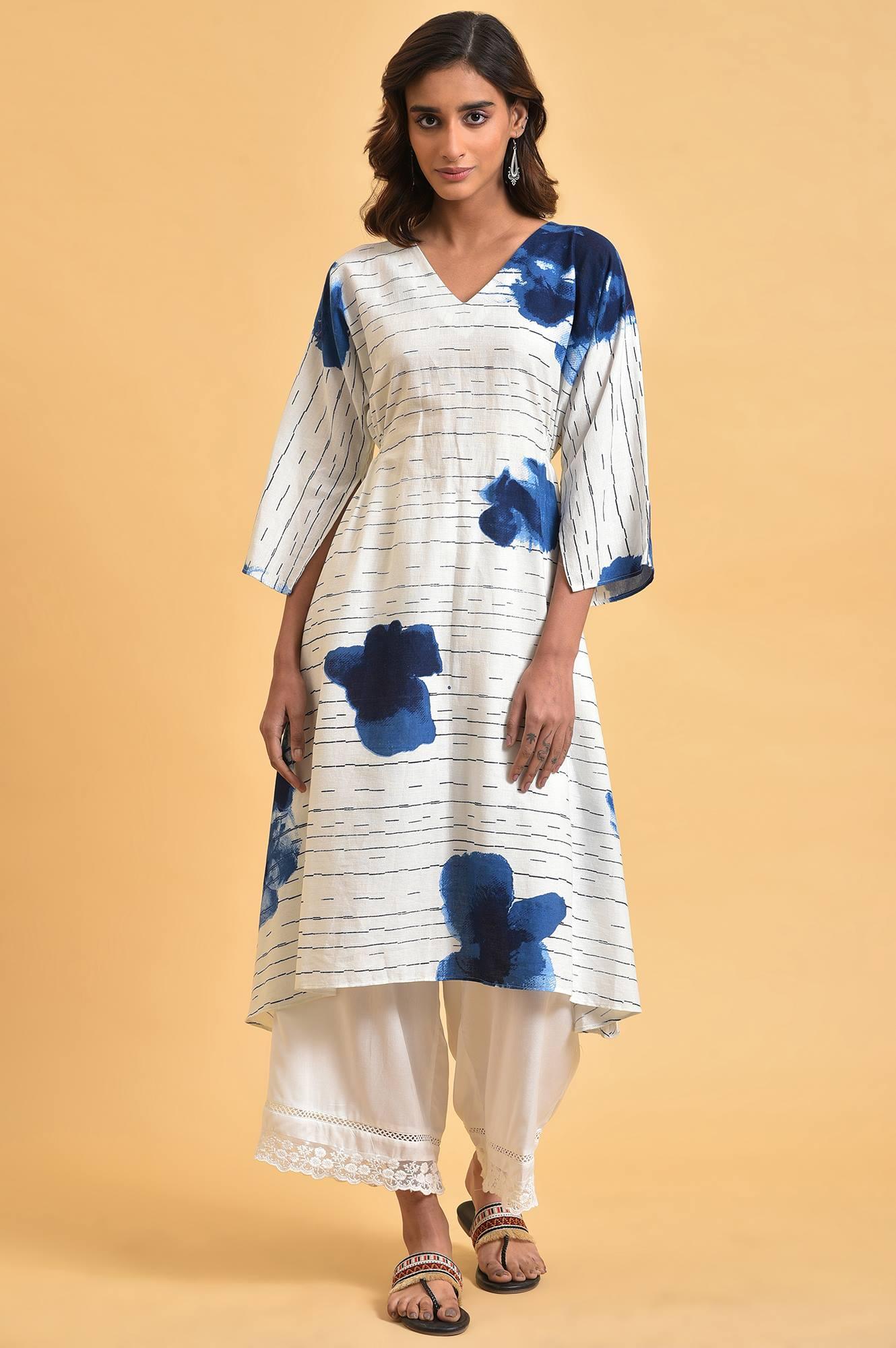 White And Blue Printed V-Neck kurta - wforwoman