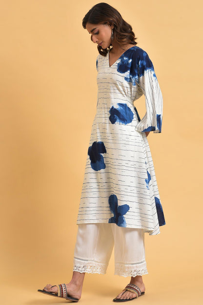 White And Blue Printed V-Neck kurta - wforwoman