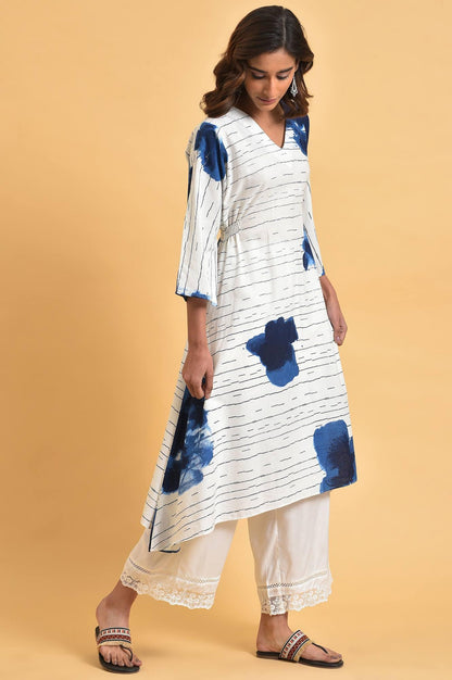 White And Blue Printed V-Neck kurta - wforwoman