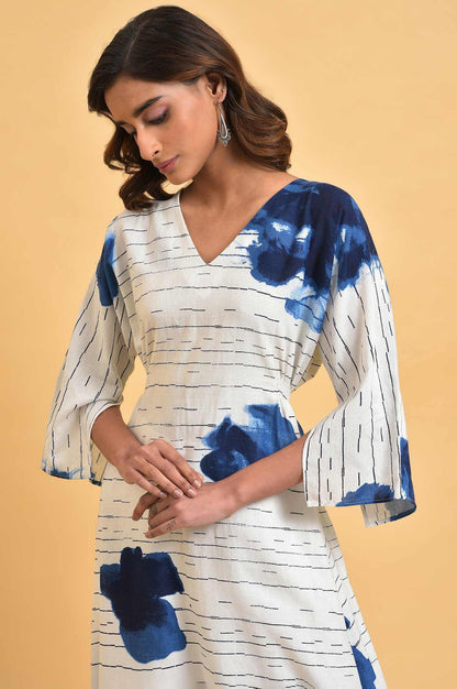 White And Blue Printed V-Neck kurta - wforwoman