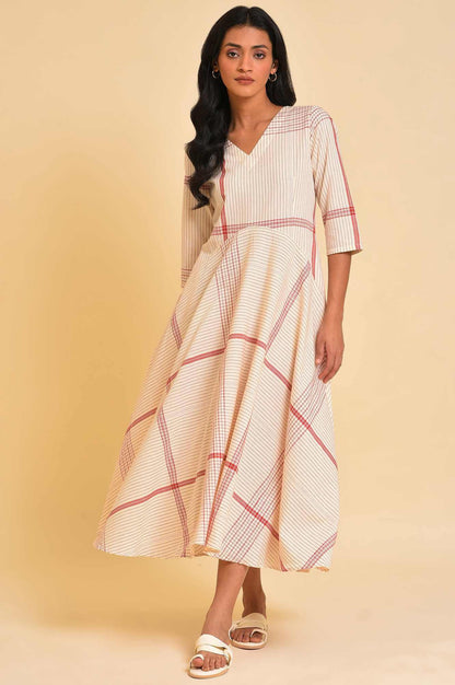 Beige Playful Checkered Free Flowing Dress - wforwoman