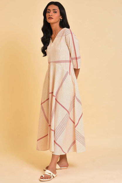 Beige Playful Checkered Free Flowing Dress - wforwoman
