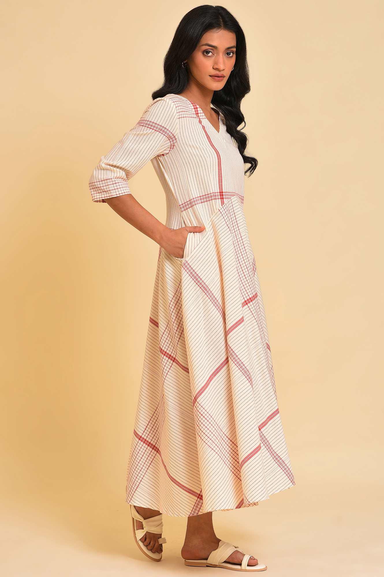Beige Playful Checkered Free Flowing Dress - wforwoman