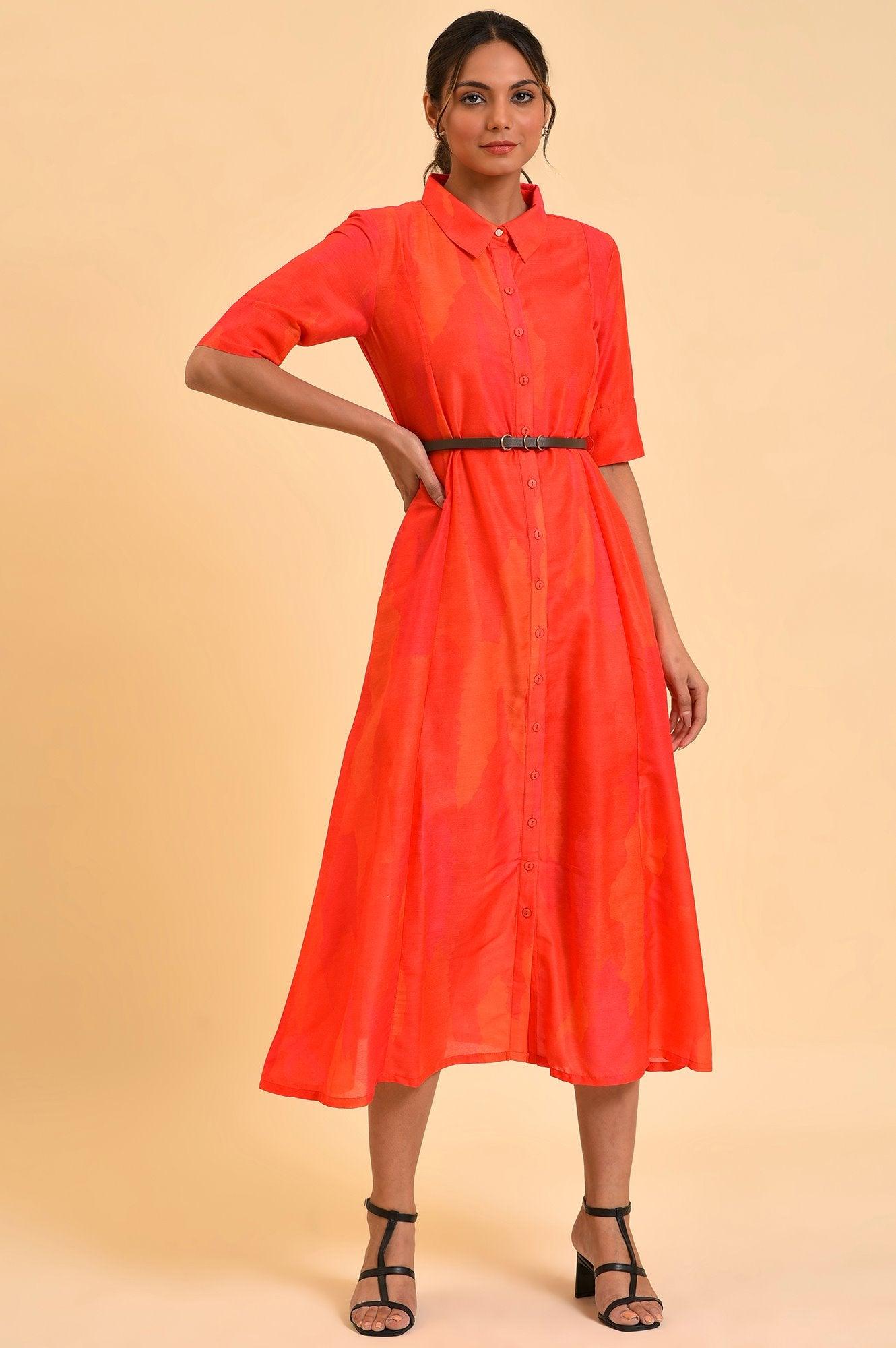 Red Abstract Printed Long Shirt Dress - wforwoman