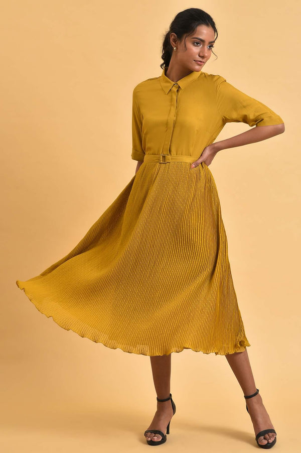 Mustard Yellow Pleated Rayon Flared Dress with Belt