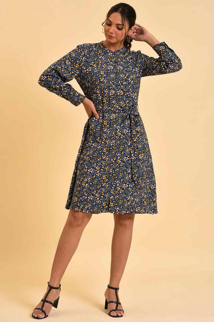 Blue Floral Printed Dress With Belt - wforwoman
