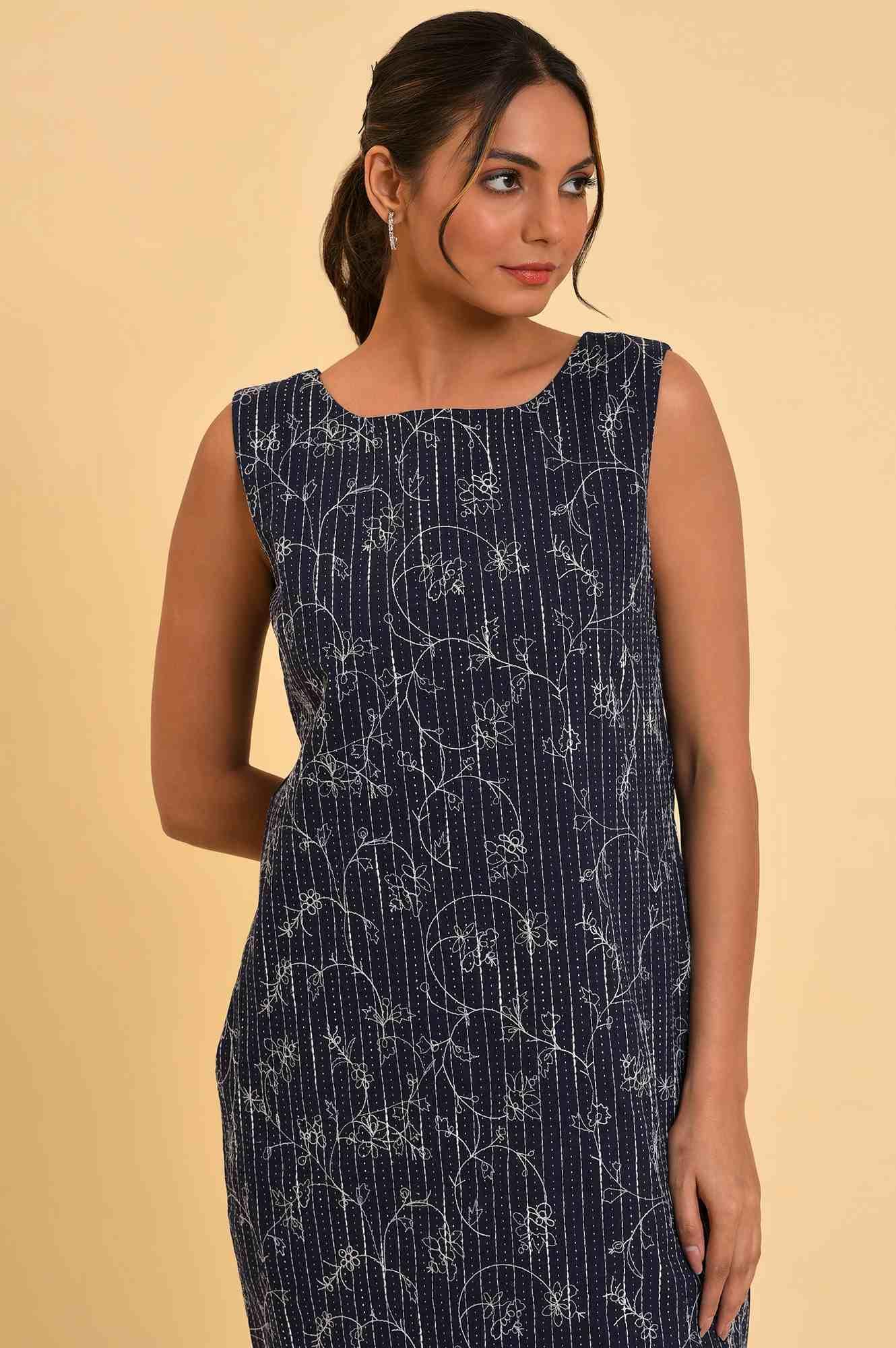 Blue Striped &amp; Embroidered Sheath Dress - wforwoman