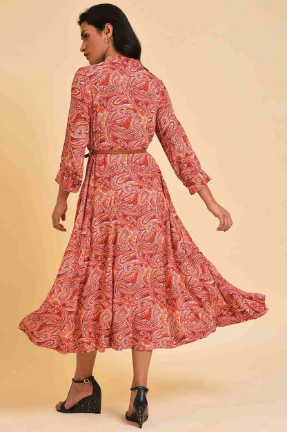 Red Paisley Print Long Shirt Dress - wforwoman