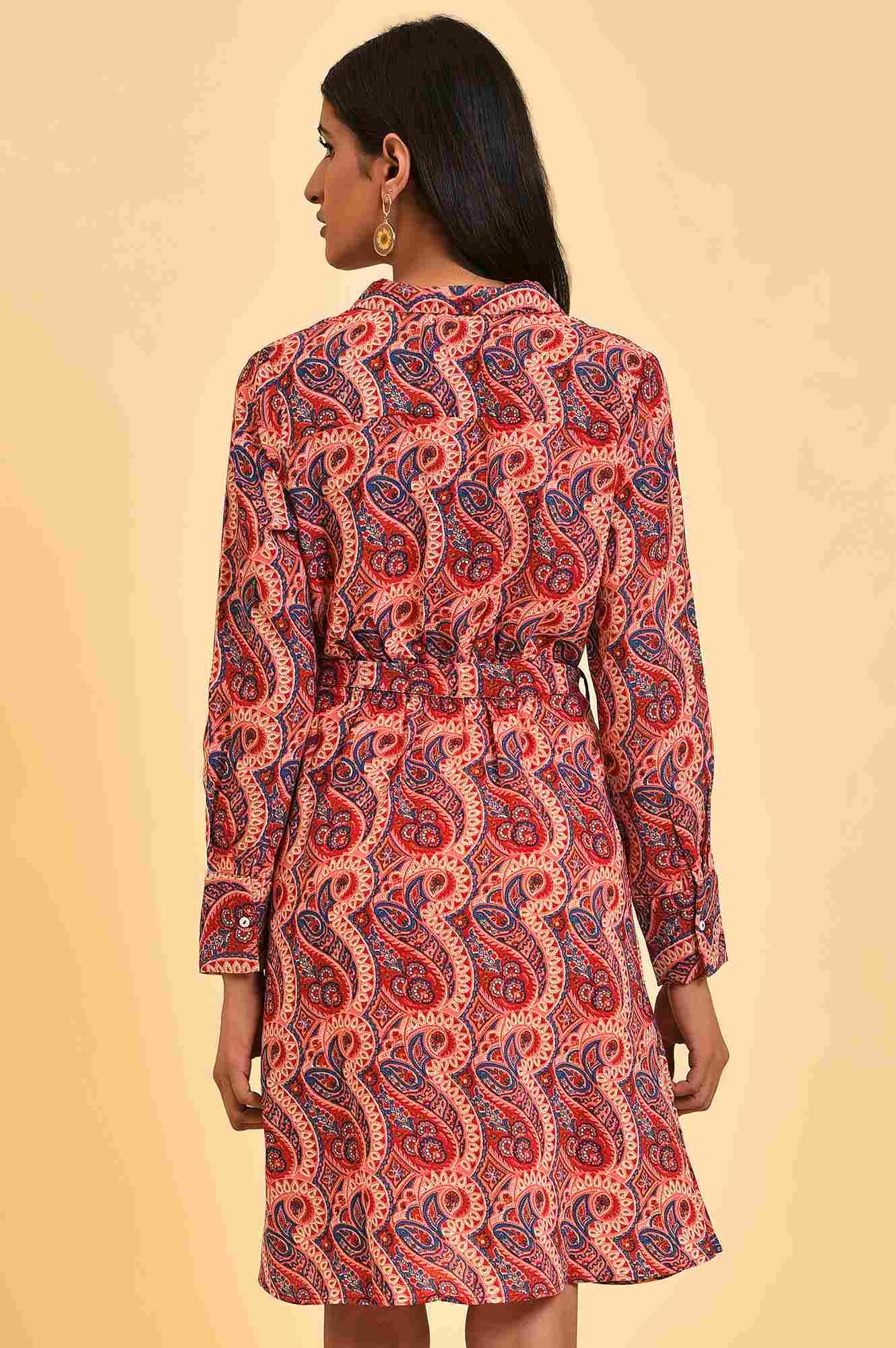 Red Paisley Printed Short Western Dress - wforwoman