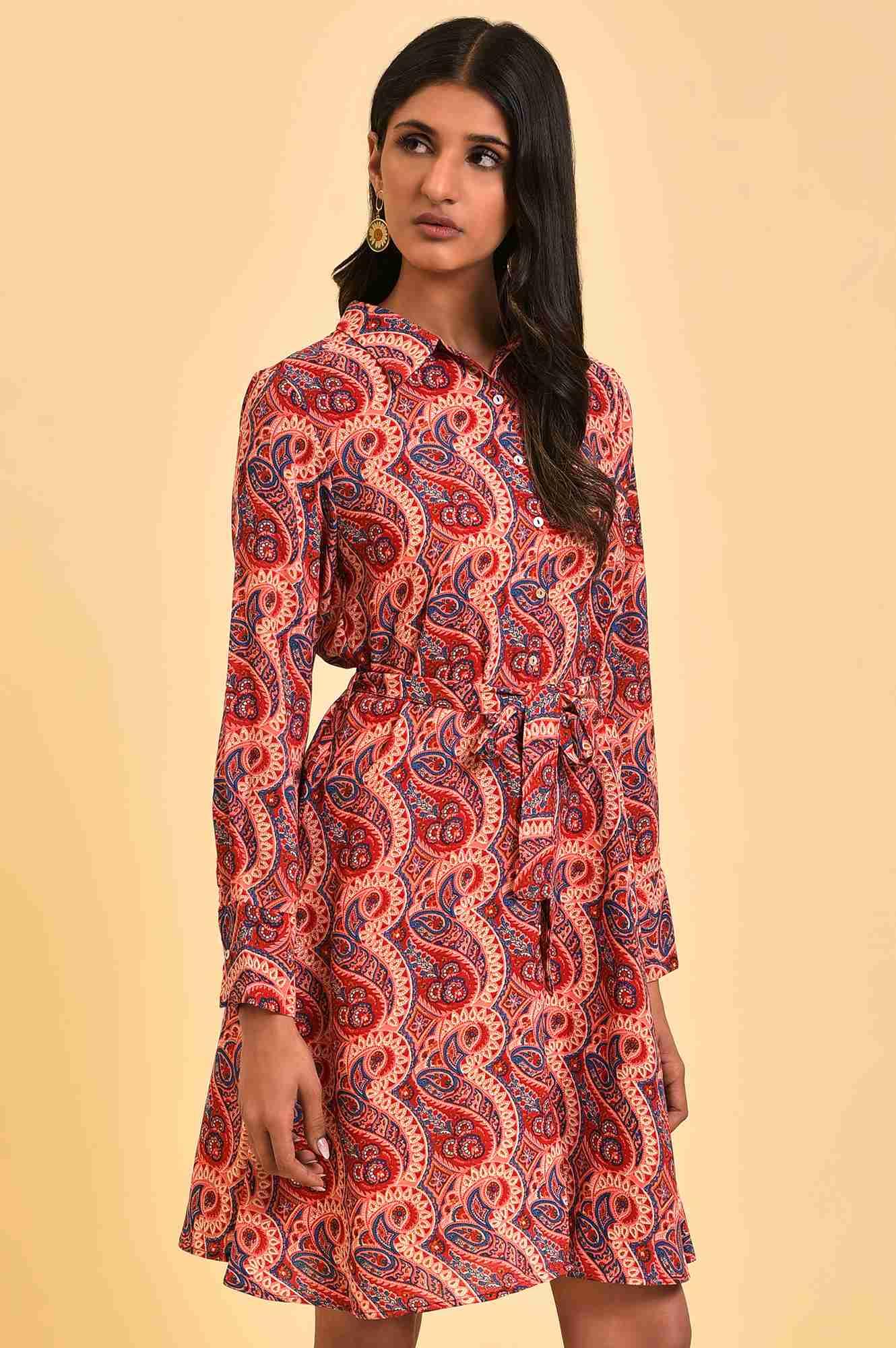Red Paisley Printed Short Western Dress - wforwoman