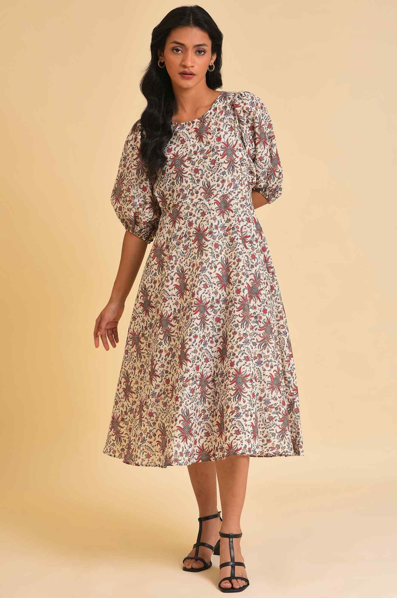 Ecru Floral Printed Midi Dress - wforwoman