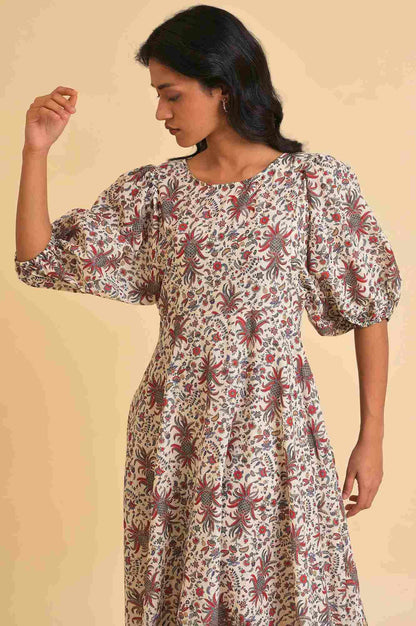 Ecru Floral Printed Midi Dress - wforwoman