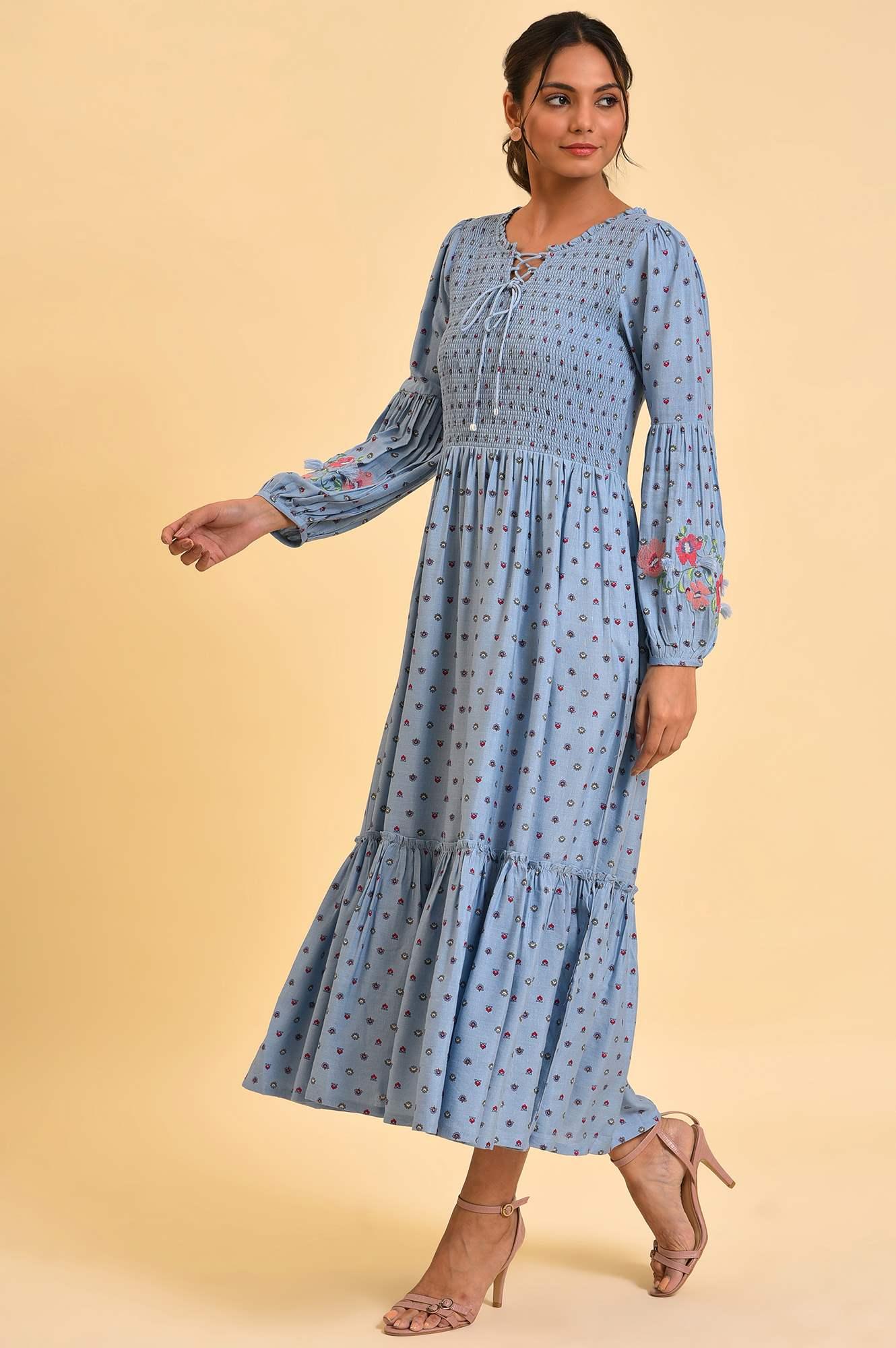 Light Blue Printed Tiered Long Dress - wforwoman
