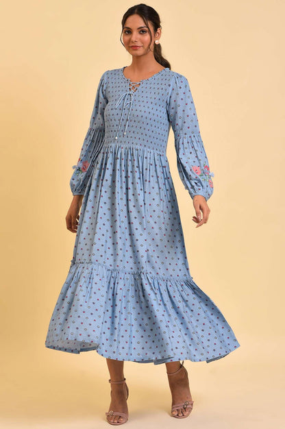 Light Blue Printed Tiered Long Dress - wforwoman