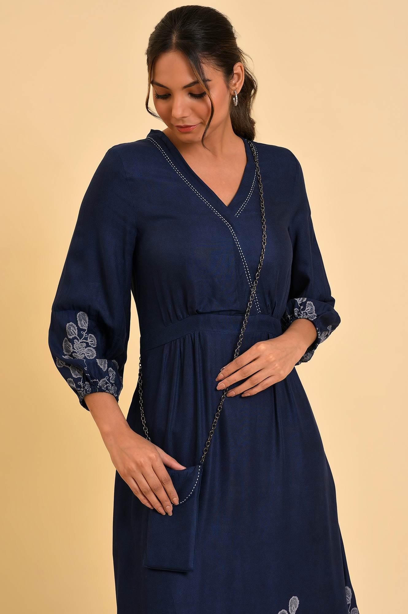 Blue Mock Layer Western Dress With Slim Bag - wforwoman