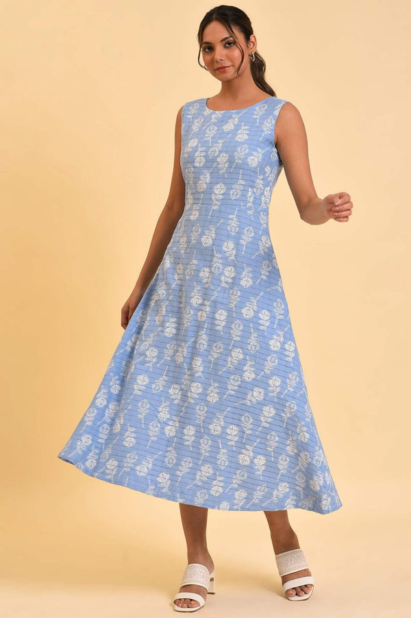 Light Blue Printed Cotton Vacation Dress