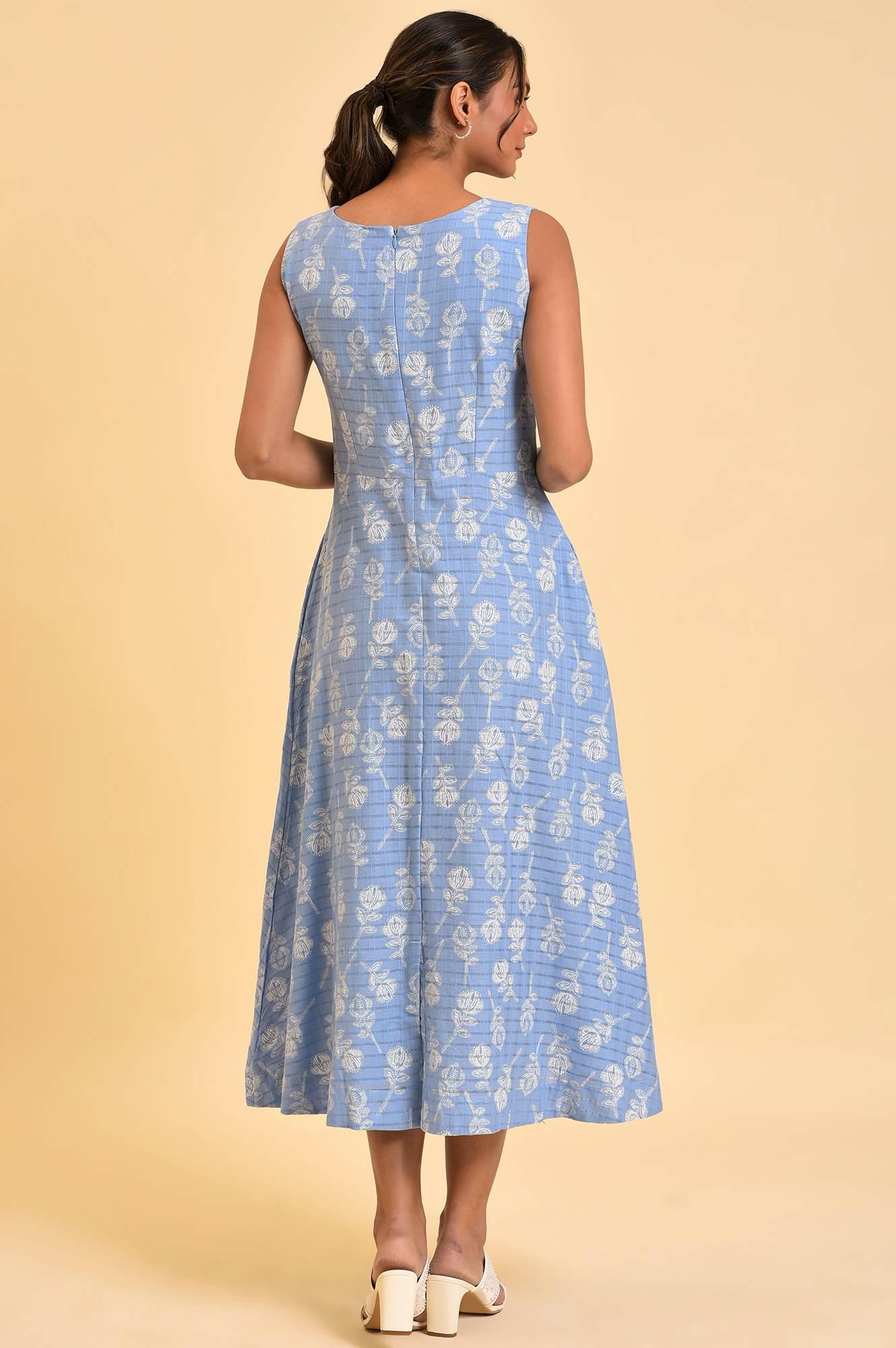 Light Blue Printed Cotton Vacation Dress - wforwoman