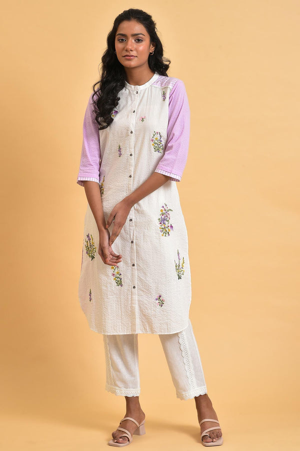 White And Light Purple Seer Sucker Plus Size Embroidered Summer kurta