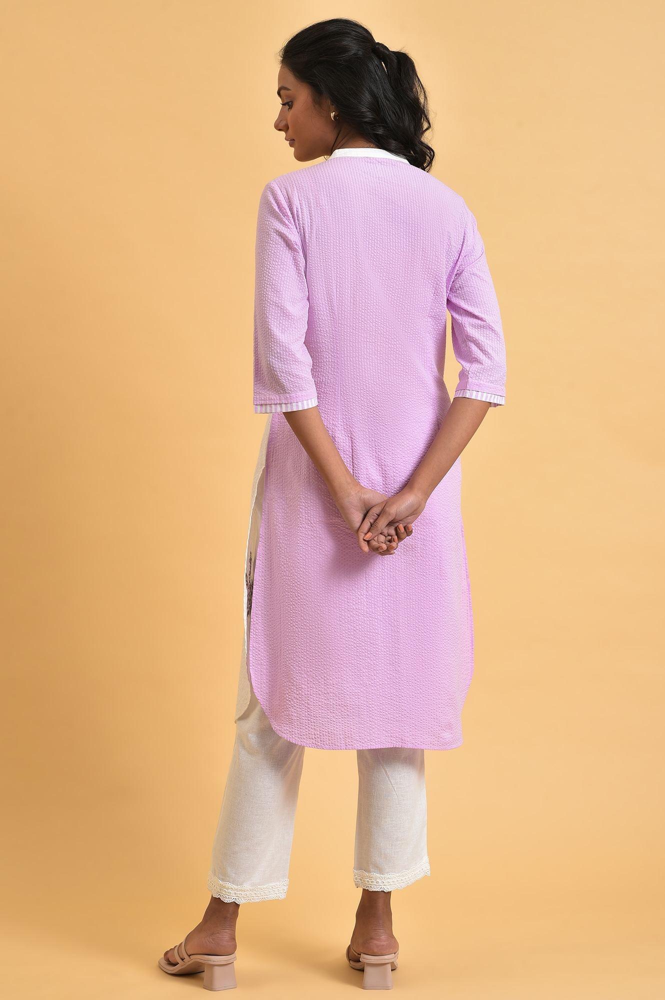 White And Light Purple Seer Sucker Embroidered Summer kurta - wforwoman