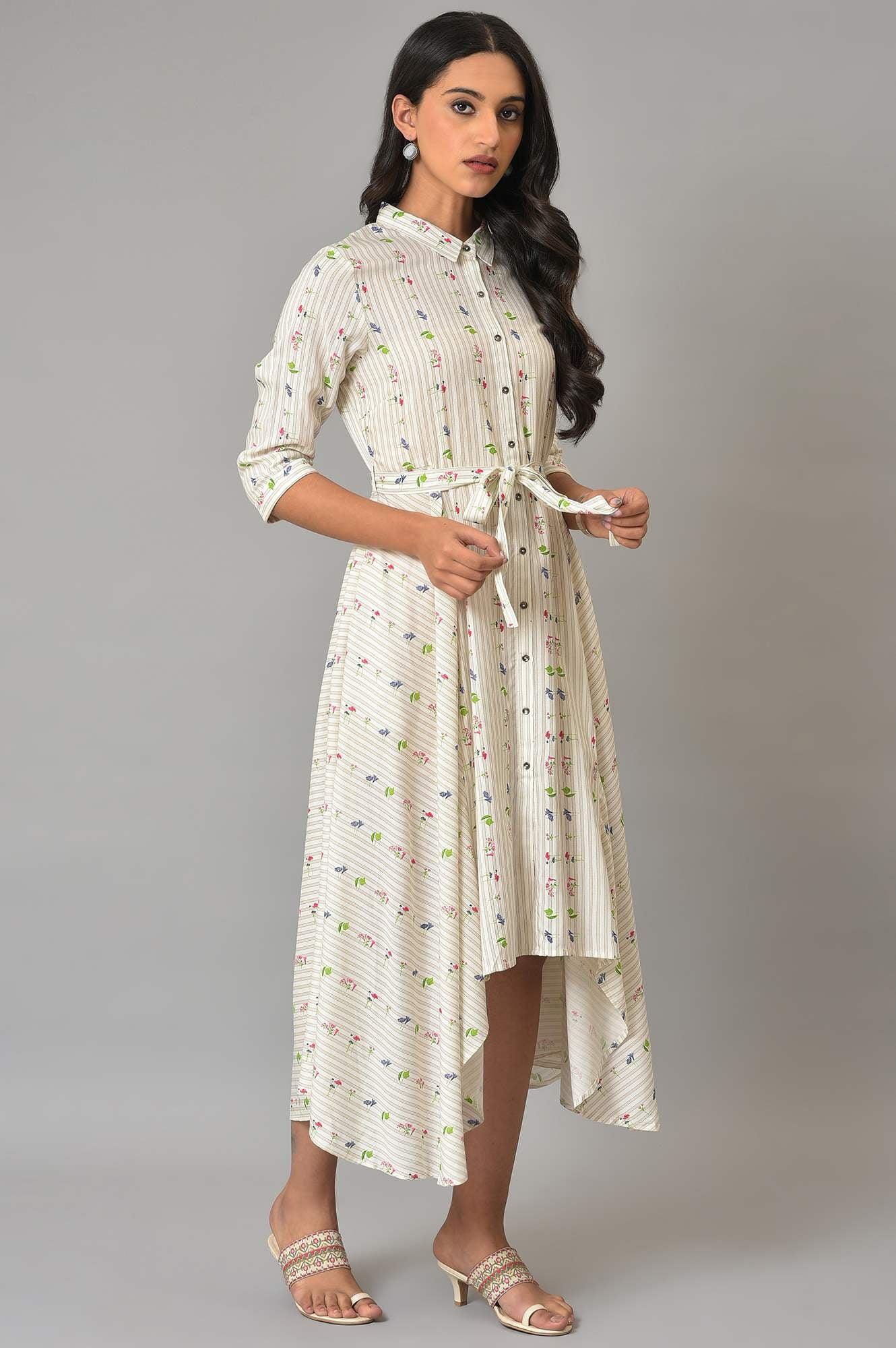 Ecru Printed Summer Shirt Dress - wforwoman