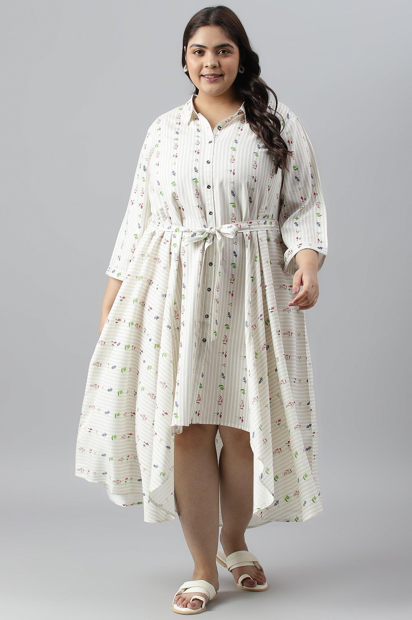 Ecru Printed Summer Plus Size Shirt Dress - wforwoman