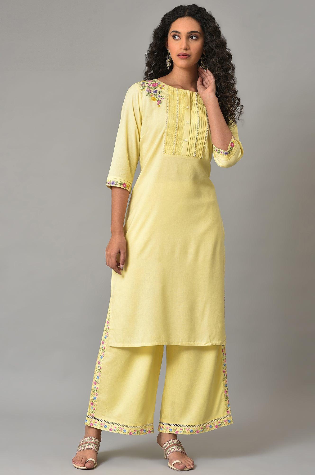 Yellow Embroidered Summer kurta With Pleats On Yoke - wforwoman