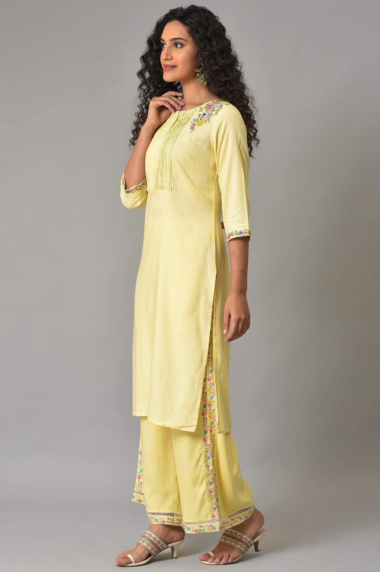 Yellow Embroidered Summer kurta With Pleats On Yoke - wforwoman