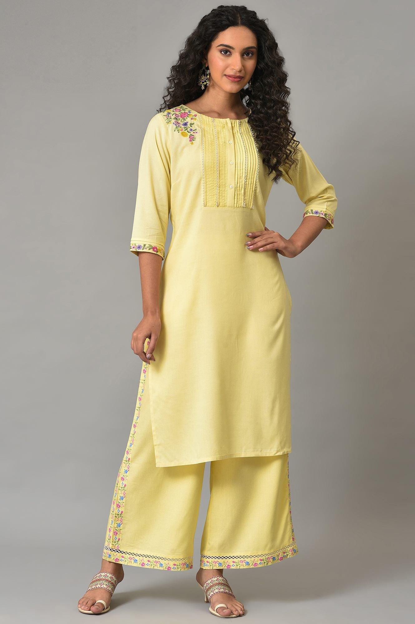 Yellow Embroidered Summer kurta With Pleats On Yoke - wforwoman