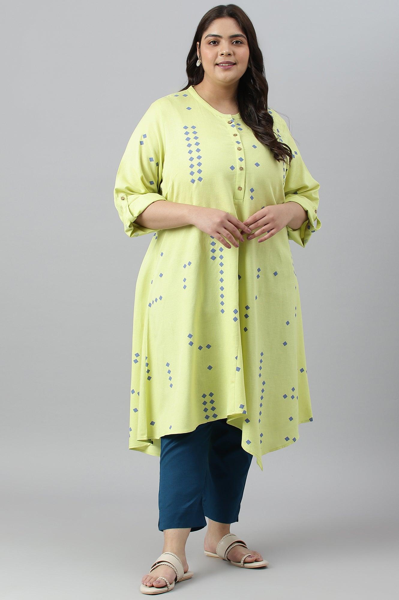 Light Green Printed Asymmetrical Plus Size kurta - wforwoman