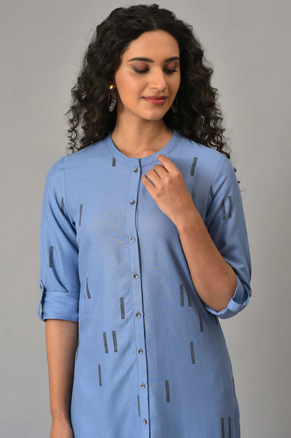 Blue Geometric Printed Straight Kurta with Parallel Pant Set