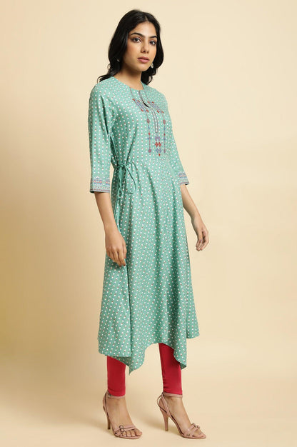 Green Embroidered Asymmetric kurta - wforwoman