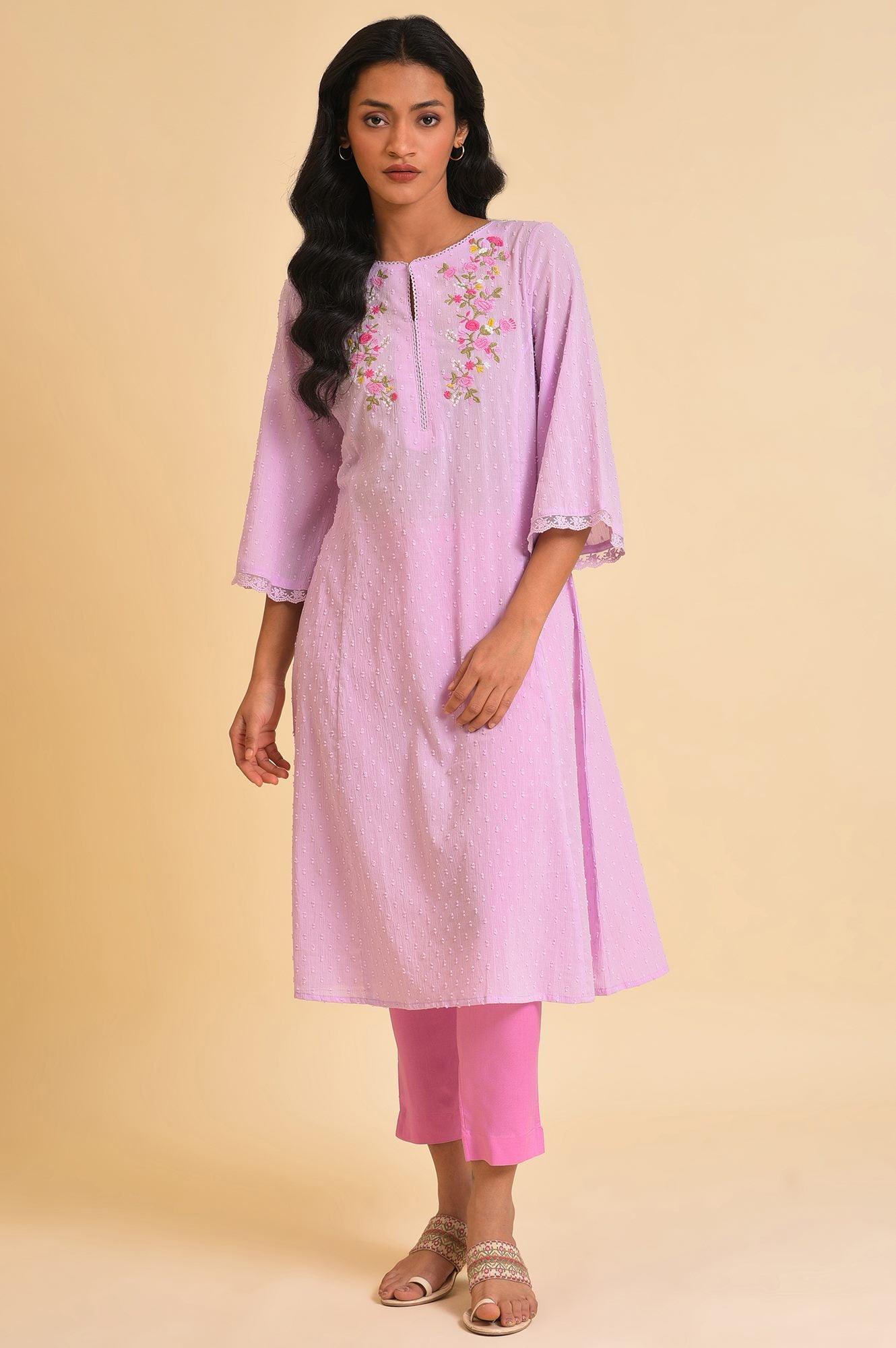 Light Purple Embroidered Cotton kurta - wforwoman
