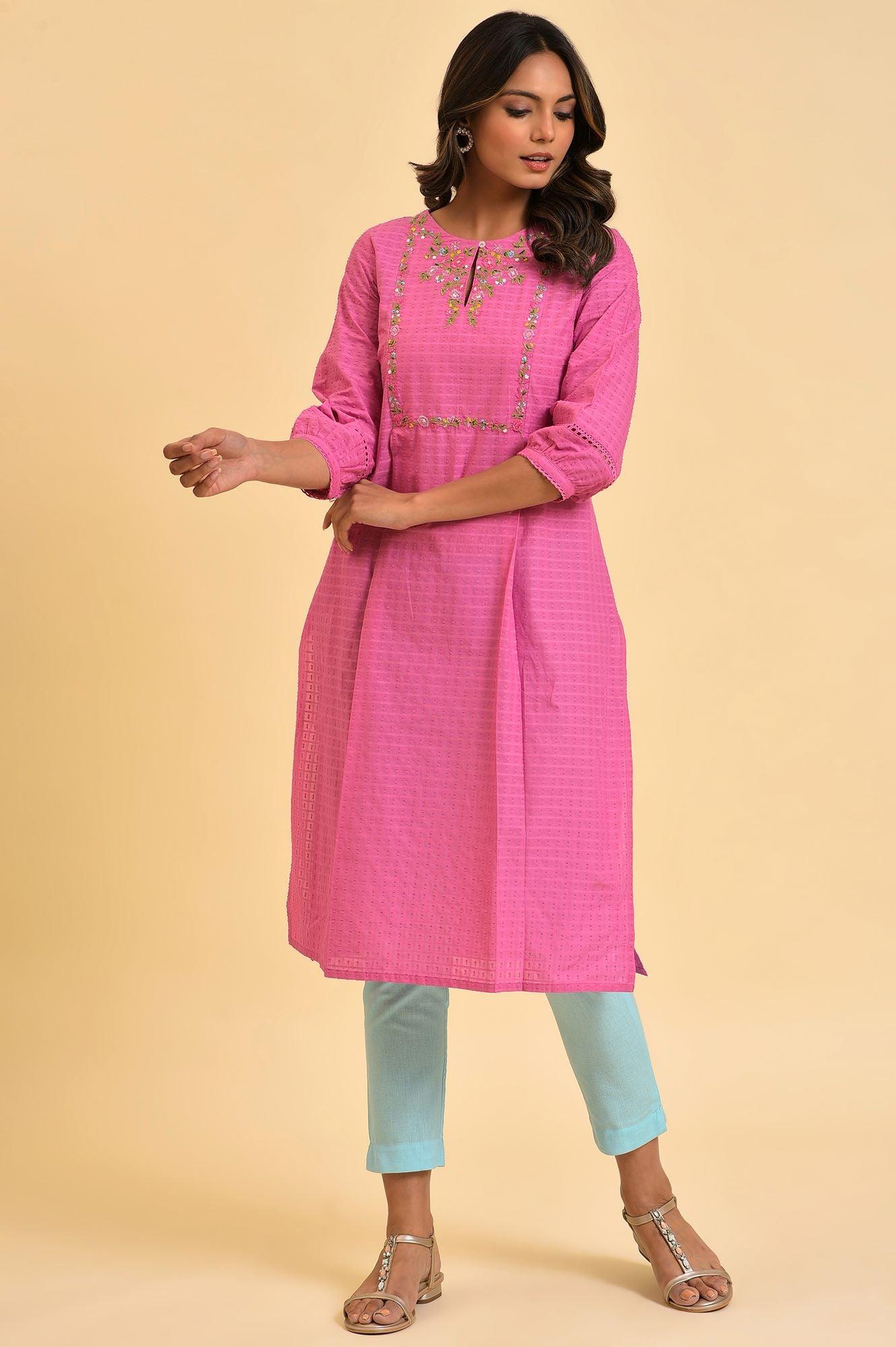 Pink Floral Embroidered kurta In Textured Fabric - wforwoman