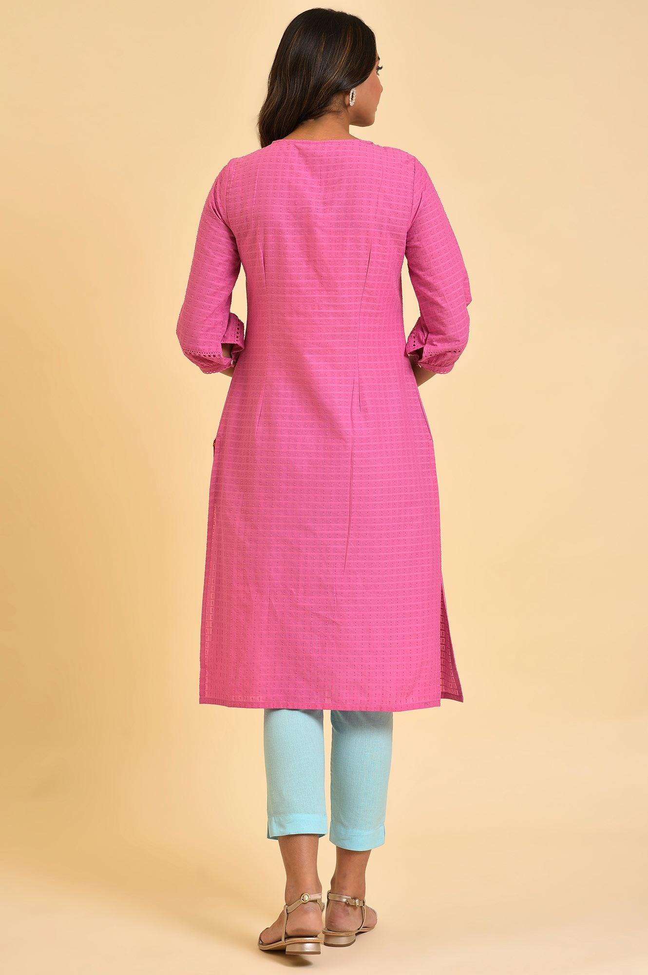 Plus Size Pink Floral Embroidered kurta In Textured Fabric - wforwoman