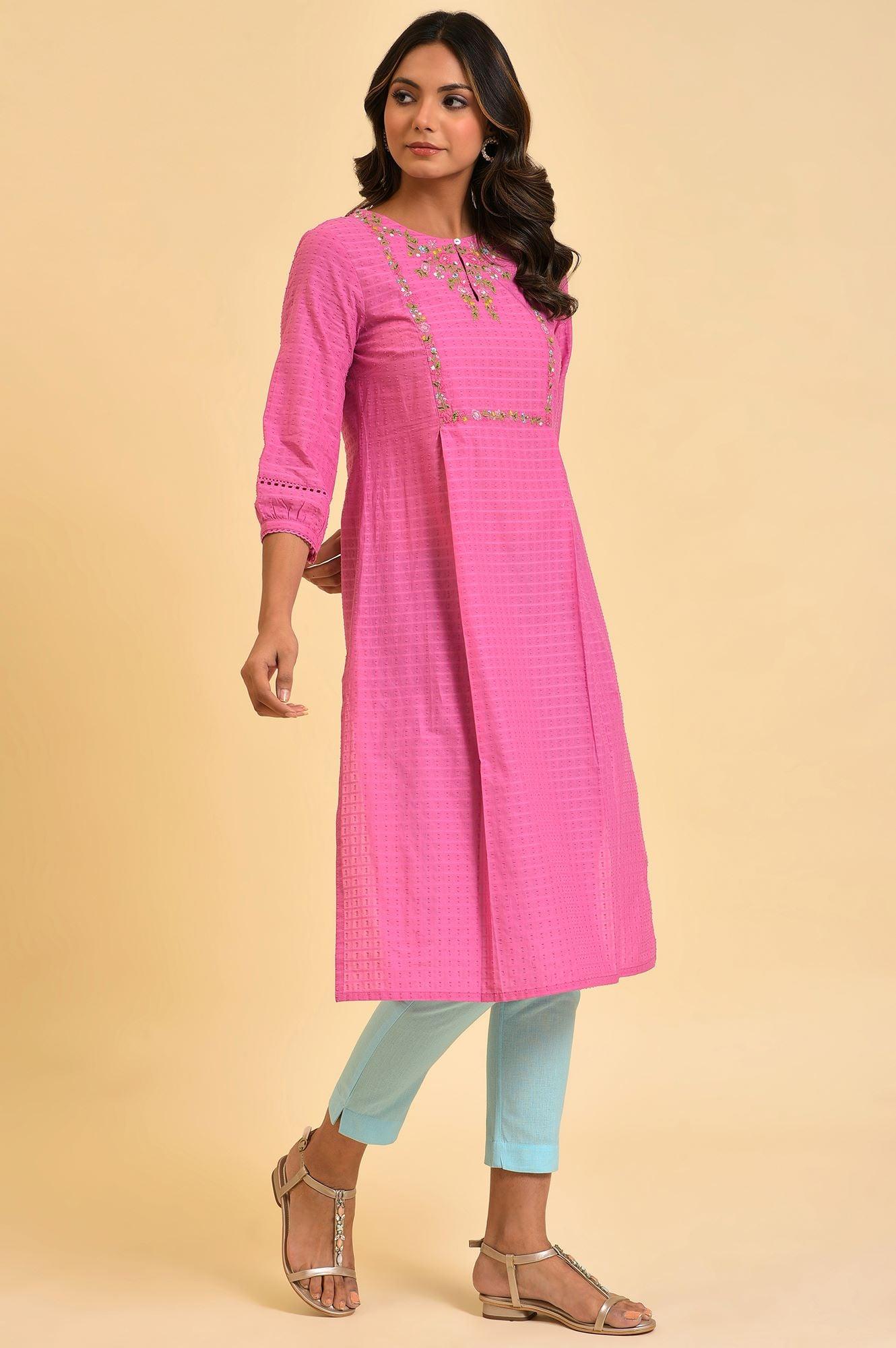 Pink Floral Embroidered kurta In Textured Fabric - wforwoman
