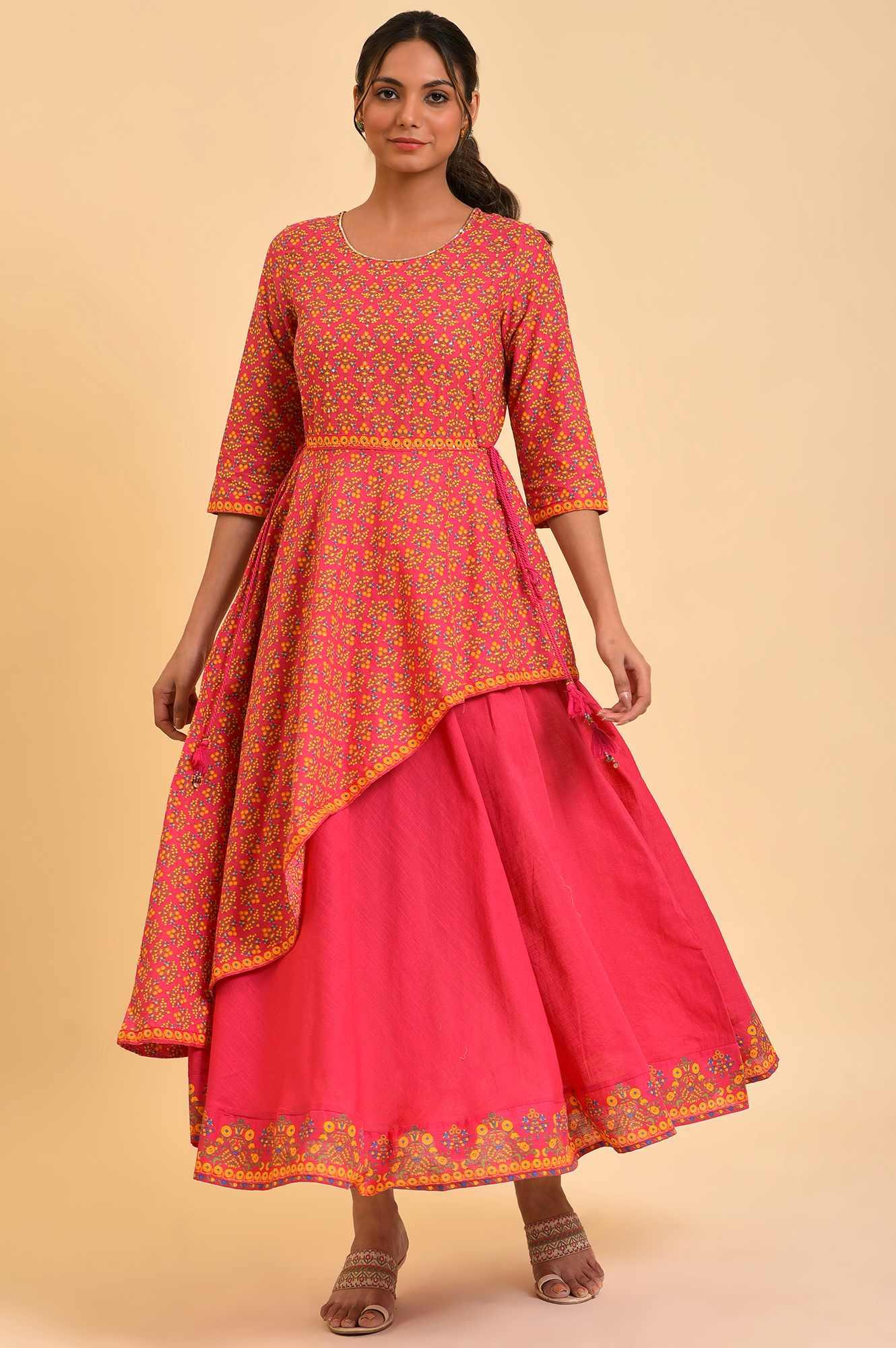 Pink Printed Asymmetrical Festive Dress - wforwoman