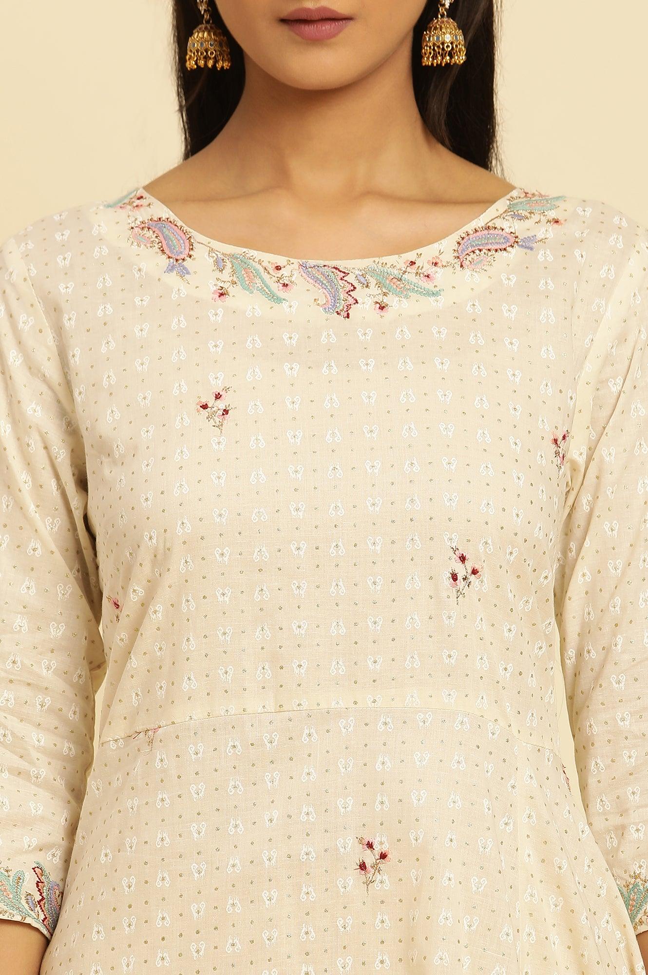 Ecru Embroidered Kurta With Asymmetrical Hemline - wforwoman