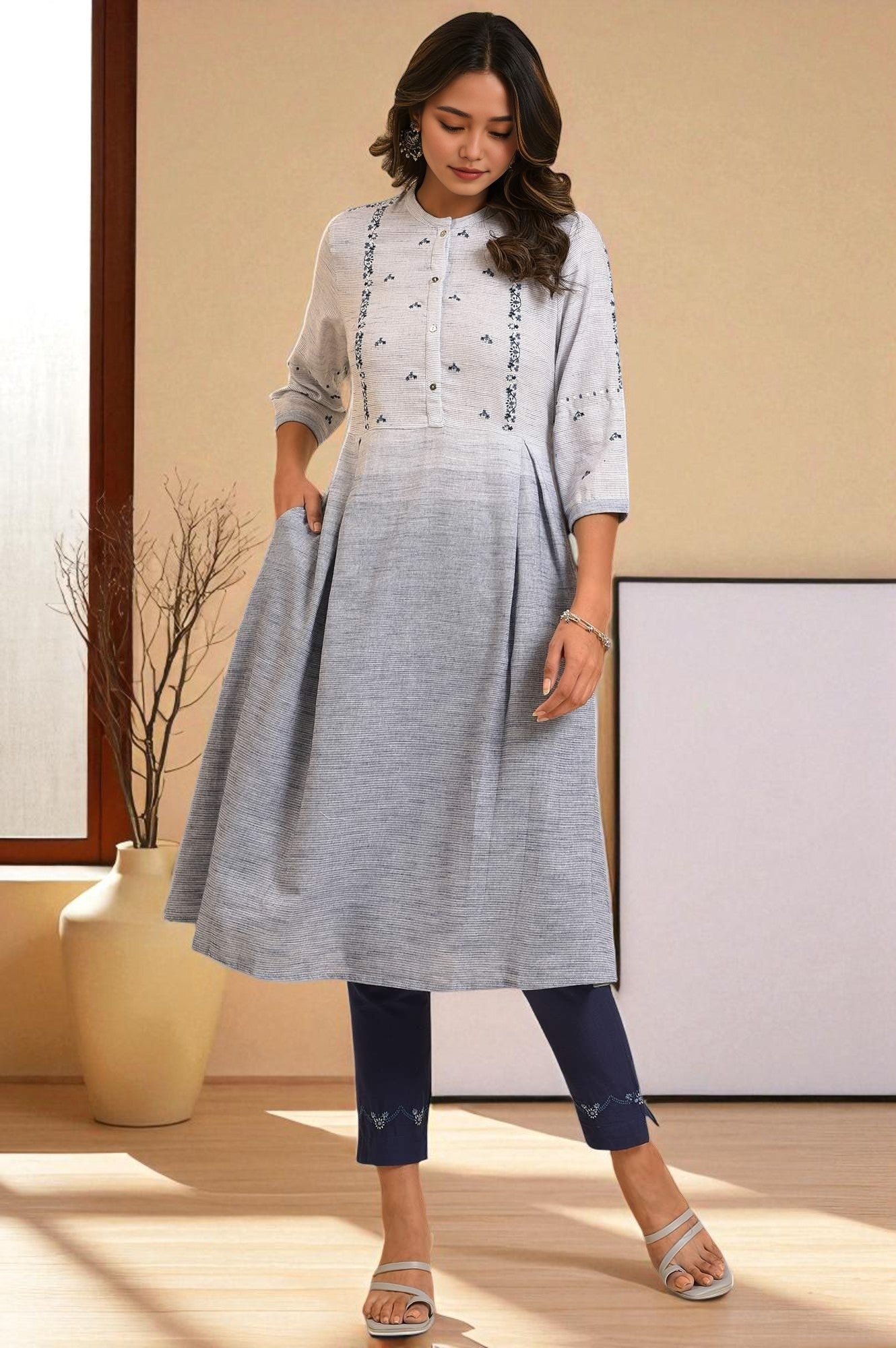 Grey And Blue Ombre A-Line Embroidered kurta