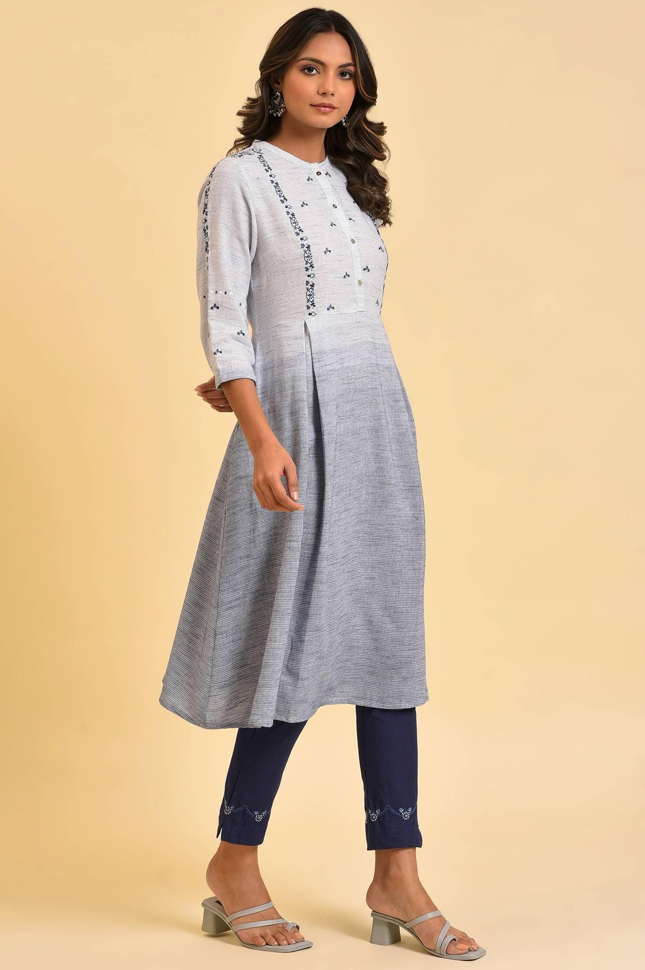 Grey And Blue Ombre A-Line Embroidered kurta - wforwoman