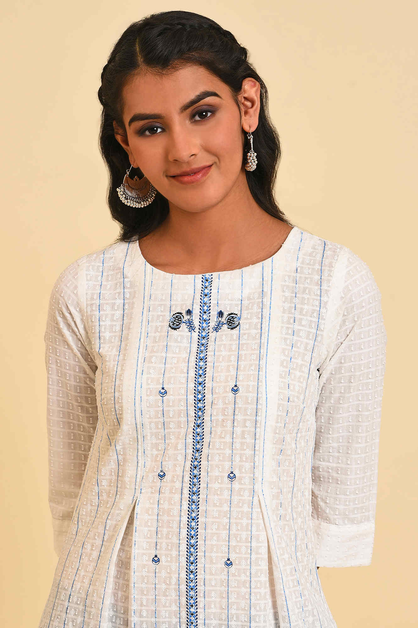 Ecru Floral Printed Pure Cotton Straight Kurta and Jegging Set