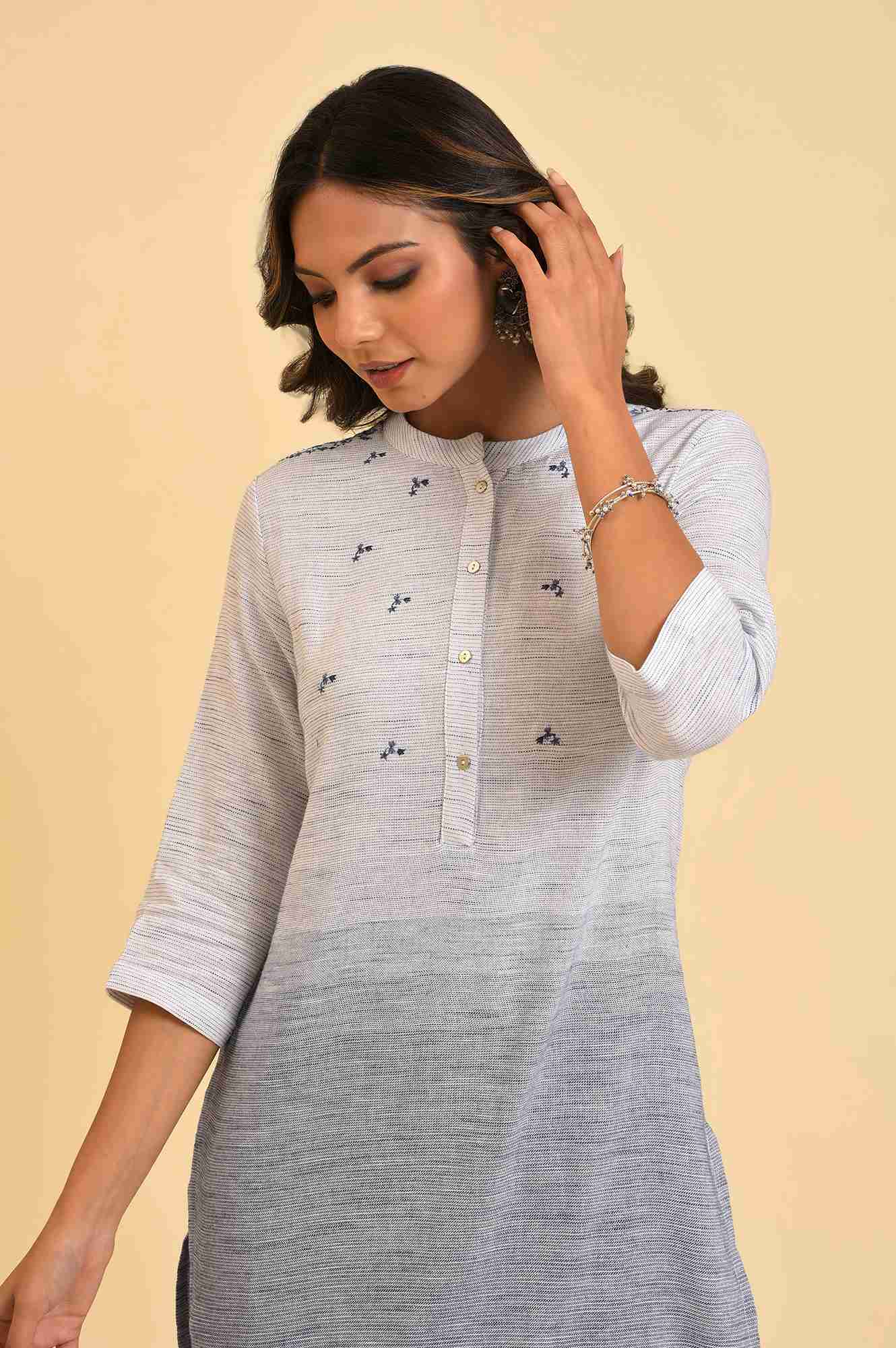 Light Grey Striped Thread Embroidered Pure Cotton Straight Kurta and Slim Pant Set