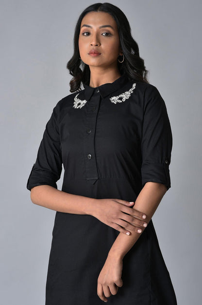 Black Cotton Embroidered Shirt Dress - wforwoman