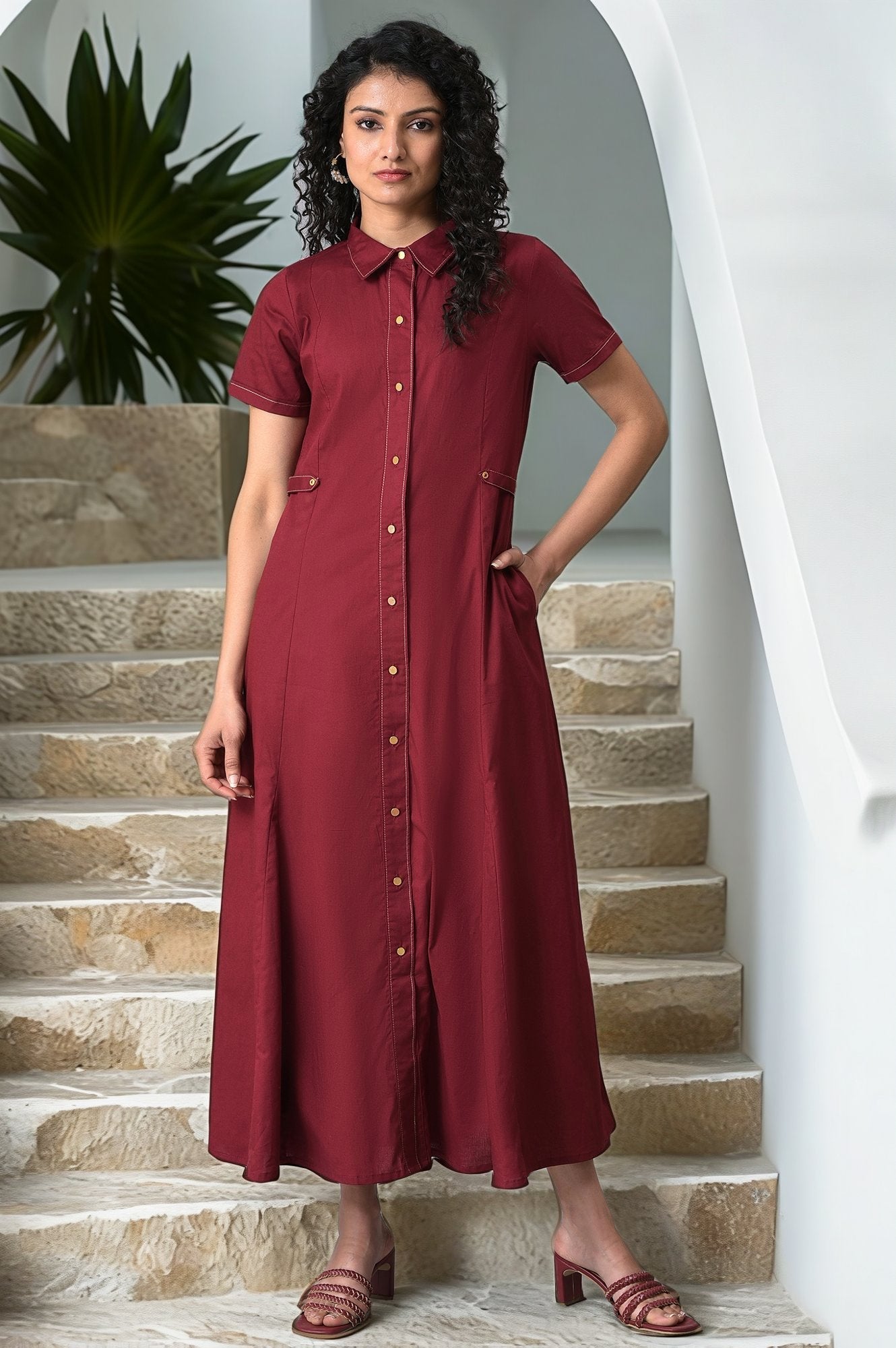 Maroon Cotton Western Summer Shirt Dress for Women