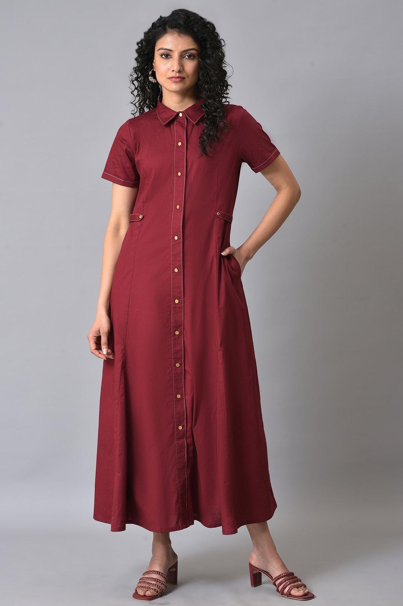 Maroon Cotton Summer Shirt Dress - wforwoman
