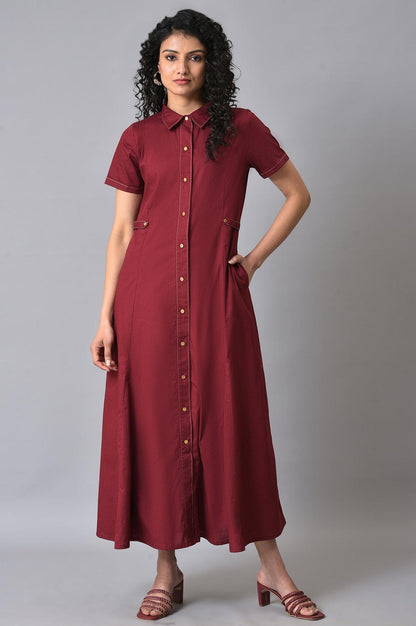 Maroon Cotton Summer Shirt Dress - wforwoman