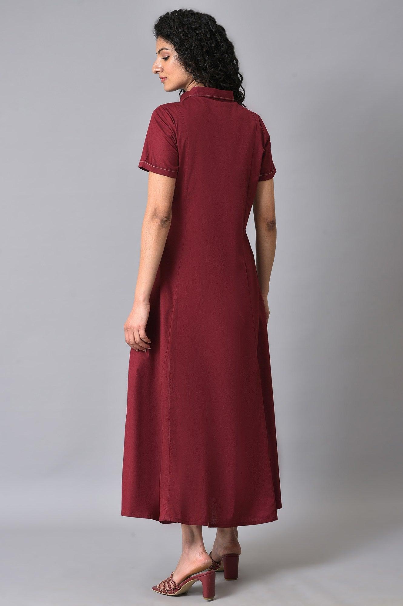 Maroon Cotton Summer Shirt Dress - wforwoman